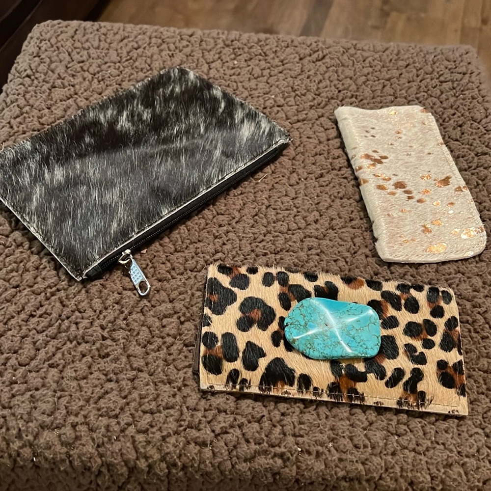 cowhide zipper bag, sunglass case, wallet